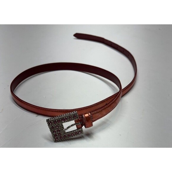 VTG NANNI Italy Metallic Salmon Pink Skinny Leather Belt Crystal Buckle Sz 80/32 main image 4